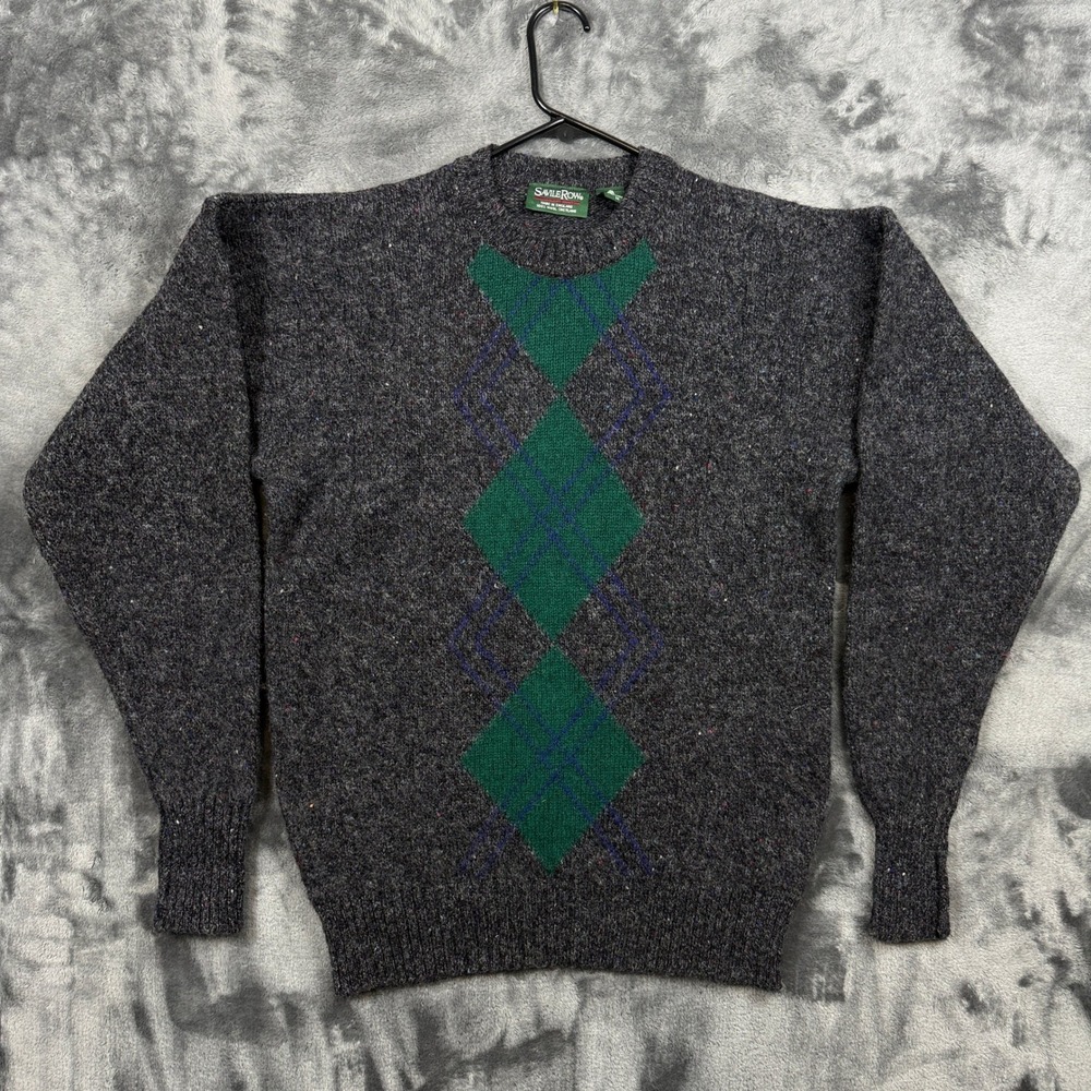 Savile Row Sweater Mens M Grey Argyle Shetland Wool Crewneck Made in England